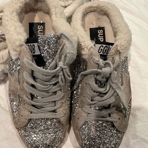 GOLDEN GOOSE SUPERSTAR SABOT GLITTER & SHEARLING SNEAKER size 35, women’s 5/5.5